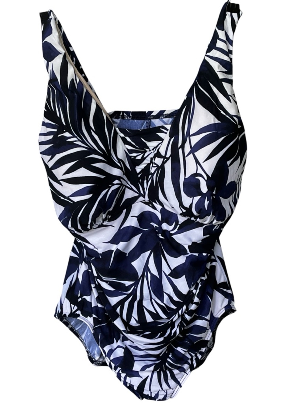 Lands’ End Navy White Tropical Print One-Piece Swimsuit V Neck Size 16 W